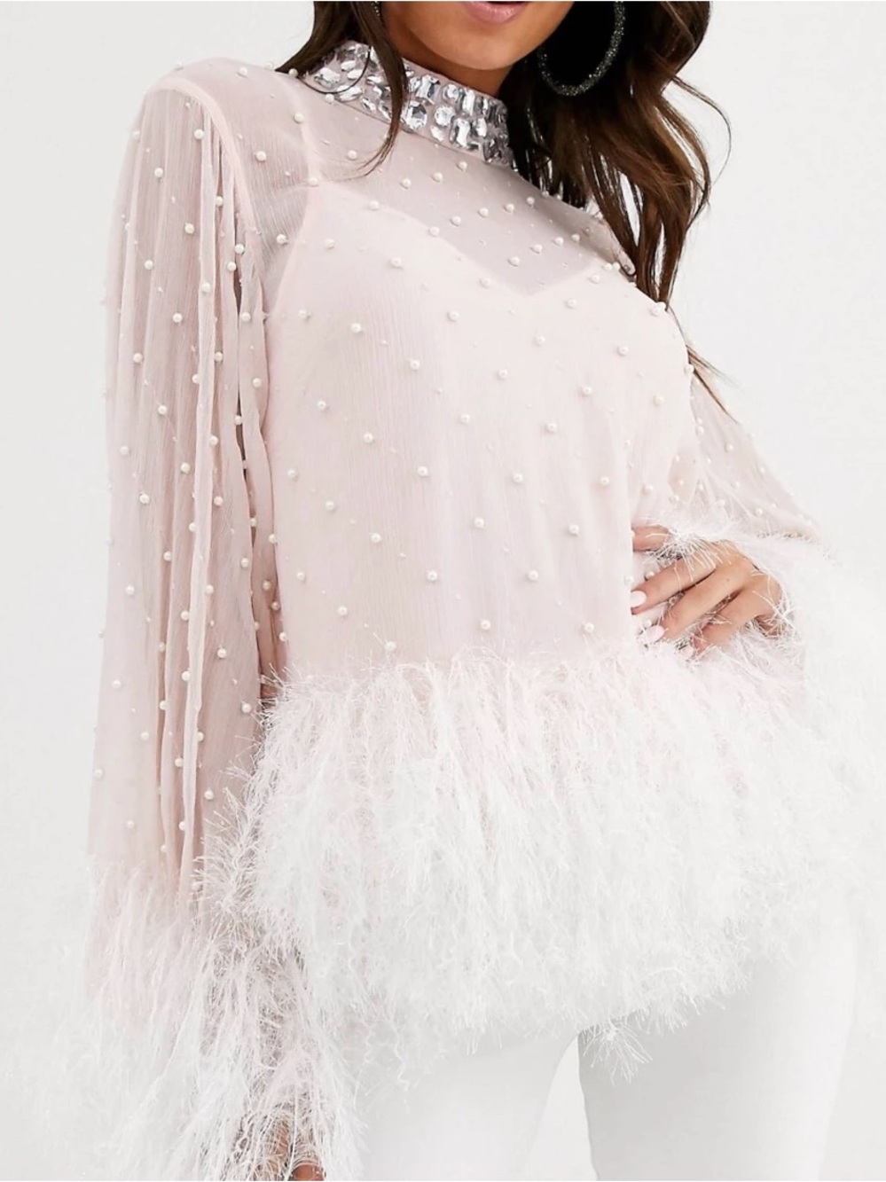 ASOS Blush Sheer Pearl-Embellished Top with Feather Trim